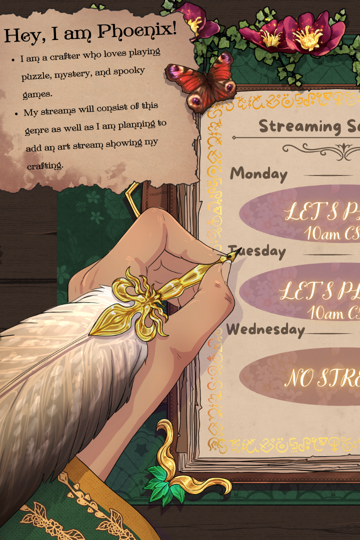 A stylized digital illustration of an open ornate journal showing a streaming schedule from Monday to Sunday, surrounded by decorative floral garlands, hands holding a quill and parchment, and a red YouTube play button in the top right corner.