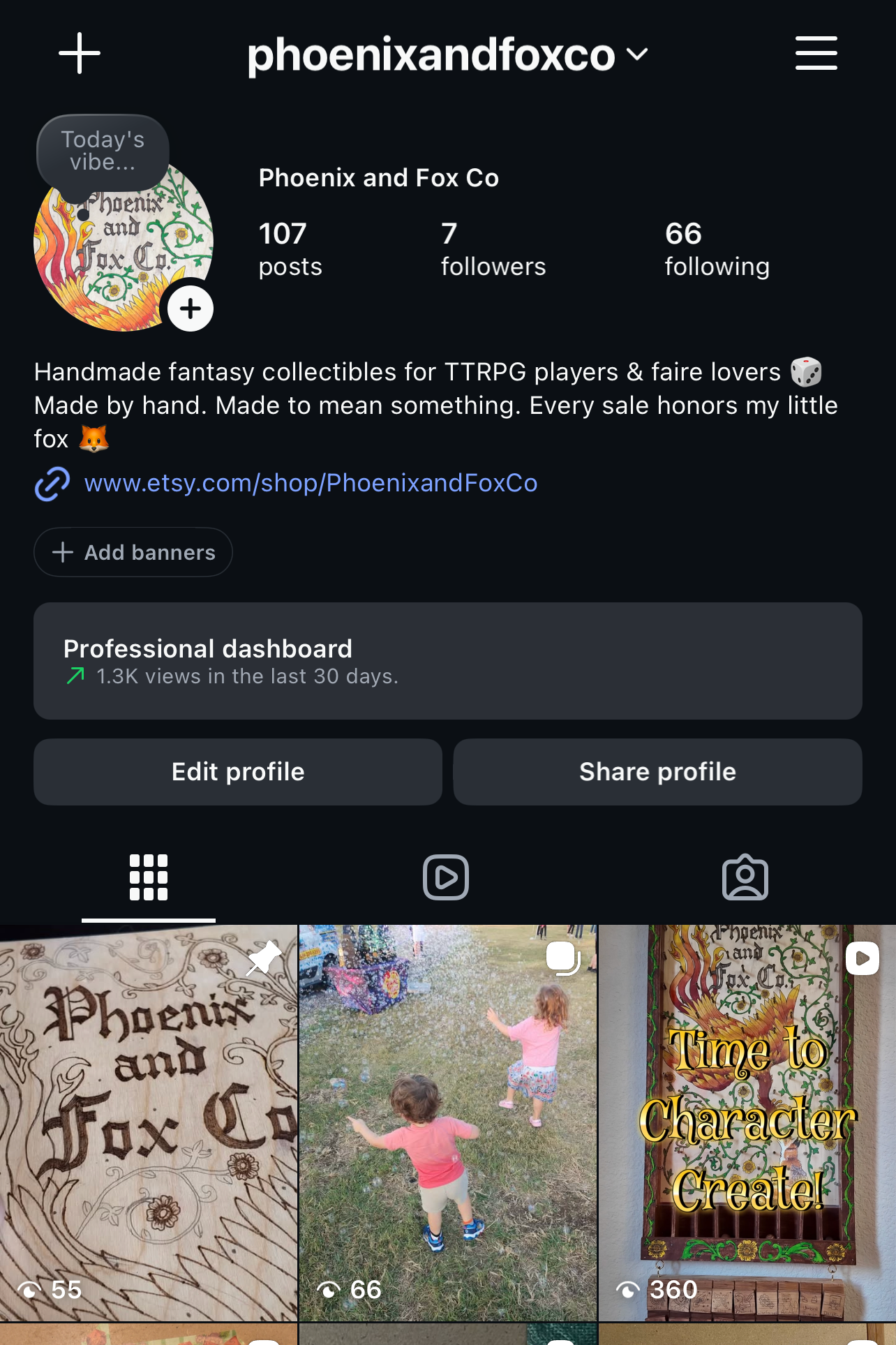 A screenshot of an Instagram-style profile page for a handmade fantasy collectible shop named Phoenix and Fox Co, showing the profile header, follower counts, and a grid of product images including illustrated cards, prints, and decorative items.