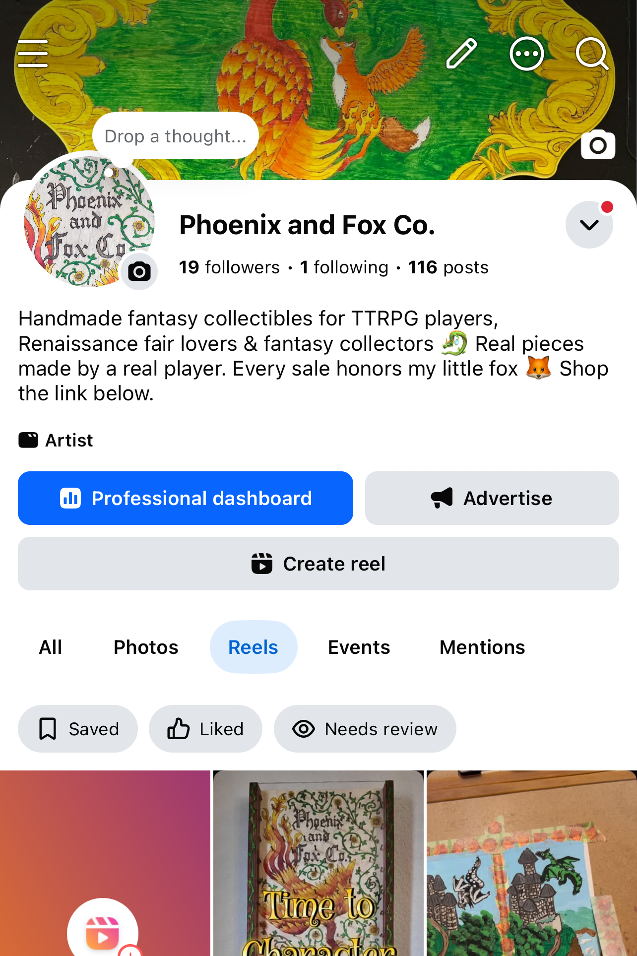 A screenshot of a social media profile for 'Phoenix and Fox Co.' showing fantasy collectible artwork and three featured reel thumbnails below.