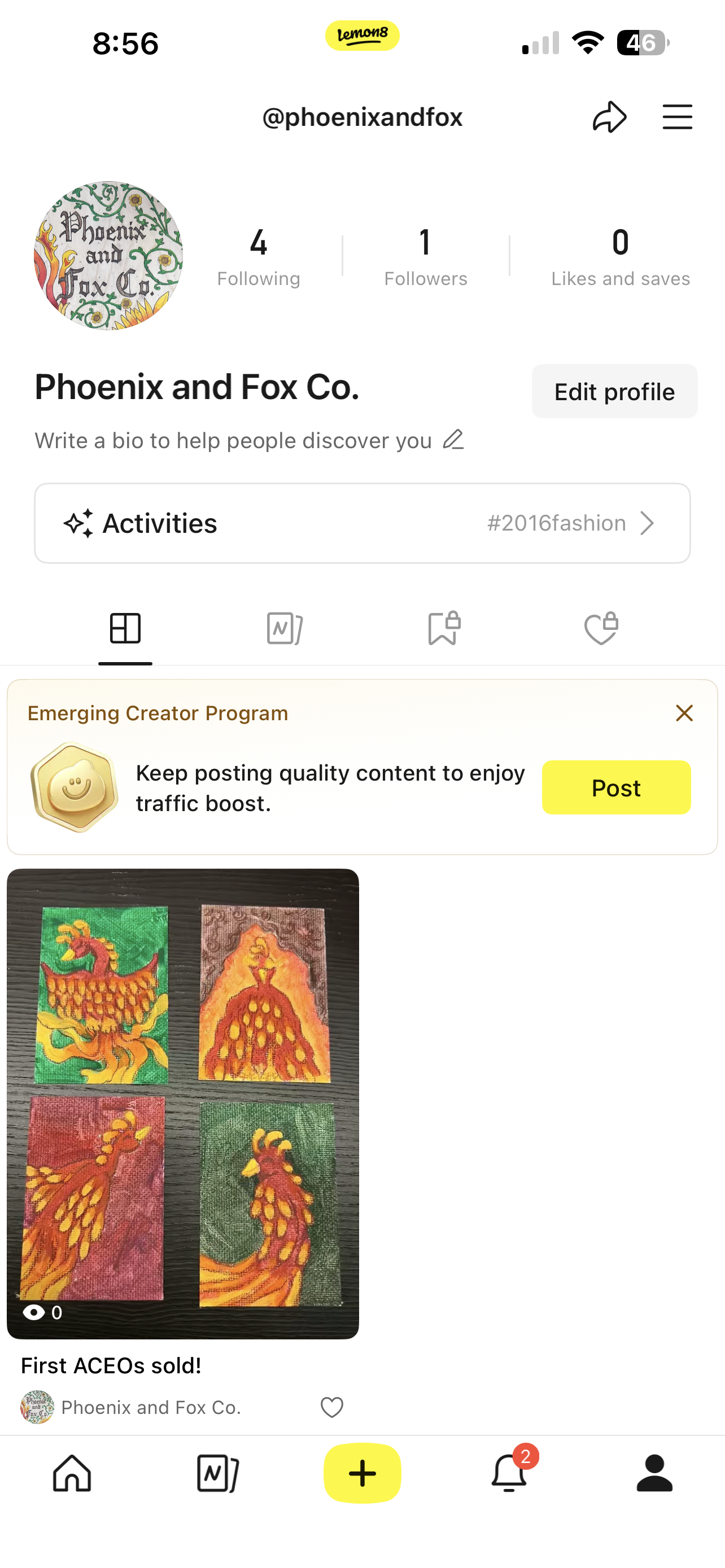 A screenshot of a social media profile for 'Phoenix and Fox Co.' showing posts, follower counts, and a recent art post featuring colorful paintings of roosters.